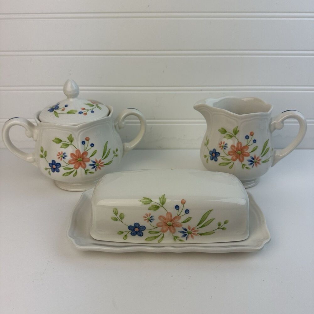Vintage Country French Ironstone Floral Creamer, Sugar & Butter Dish Cottagecore
